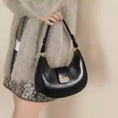 妙迪 小众设计高级感时尚气质通勤简约百搭 质感真皮牛皮 新月包月亮腋下包手提单肩斜挎包 中号 女款 黑色