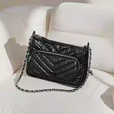 妙迪 链条包小香风高级感通勤 牛皮革 单肩斜挎腋下包 常规 女款 子夜黑