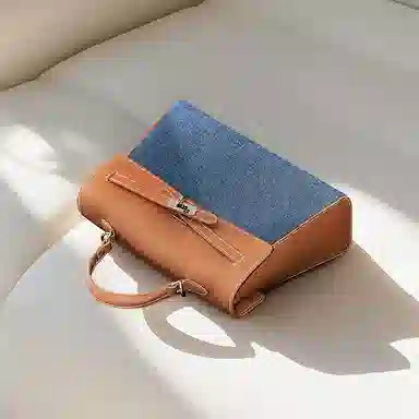 妙迪 丹宁简约经典复古拼接撞色 牛皮 单肩斜挎手提包 女款 牛仔蓝