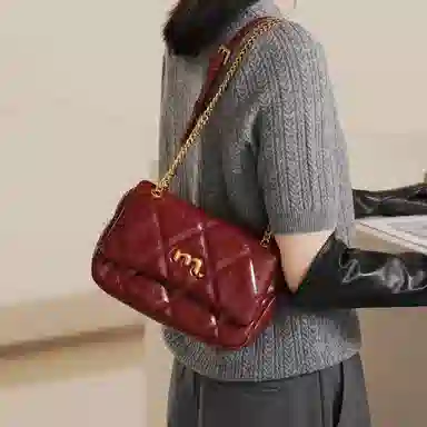 妙迪 时尚休闲纯色 牛皮 单肩包 女款 勃艮第红