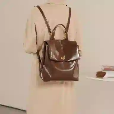 妙迪 通勤 二层牛皮 双肩包 女款 复古棕