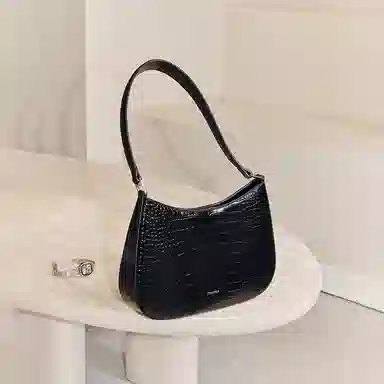 妙迪 时尚潮流百搭高级质感鳄鱼纹腋下法棍包 牛皮革 单肩包 常规 女款 子夜黑
