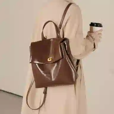 妙迪 通勤 二层牛皮 双肩包 女款 复古棕