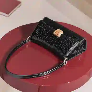 妙迪 高级质感百搭通勤时尚鳄鱼纹高质感优雅气质腋下法棍包派对聚会 牛皮 单肩斜挎包 女款 子夜黑