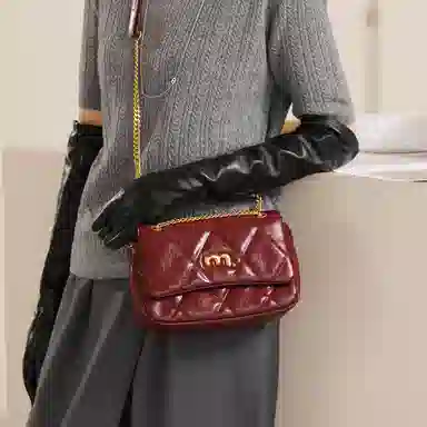 妙迪 时尚休闲纯色 牛皮 单肩包 女款 勃艮第红