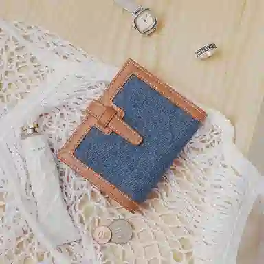 妙迪 撞色复古高级 织物 防盗刷钱包 女款 丹宁蓝