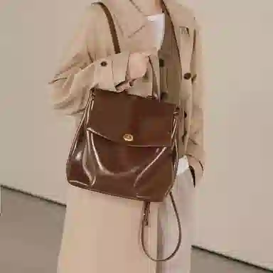 妙迪 通勤 二层牛皮 双肩包 女款 复古棕