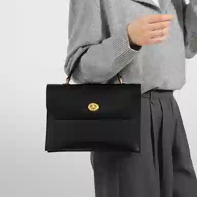 妙迪 复古简约通勤 二层牛皮 手提斜挎单肩包 常规 女款 黑色