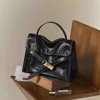 妙迪 通勤百搭凯莉包 牛皮 单肩斜挎手提包 常规 女款 子夜黑