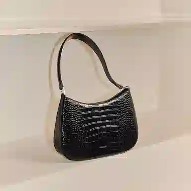 妙迪 时尚潮流百搭高级质感鳄鱼纹腋下法棍包 牛皮革 单肩包 常规 女款 子夜黑