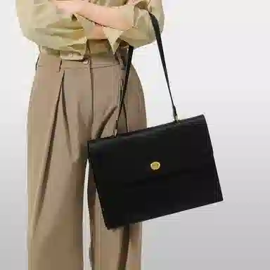 妙迪 大容量通勤 真皮 公文包单肩包 中号 女款 黑色