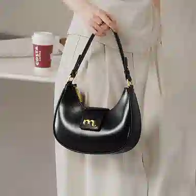 妙迪 小众设计高级感时尚气质通勤简约百搭 质感真皮牛皮 新月包月亮腋下包手提单肩斜挎包 中号 女款 黑色