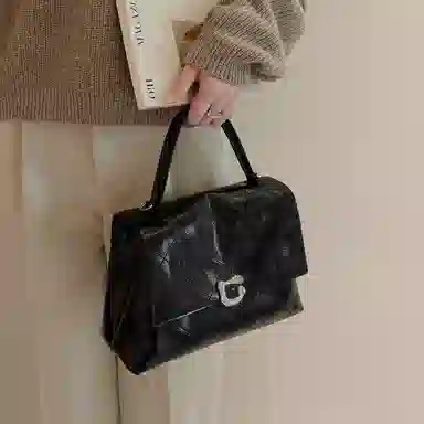 妙迪 小众设计高级感大容量时尚通勤休闲百搭 牛皮软皮 手提单肩斜挎包凯莉包 常规 女款 曜石黑