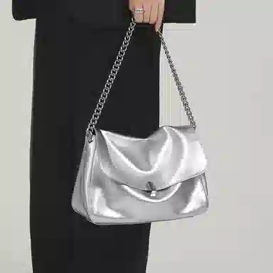 妙迪 高级感小众时尚简约百搭上班通勤 牛皮 链条托特包腋下包手提单肩斜挎包大包包 大号 女款 星光白/复古棕/月光银