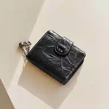 妙迪 时尚简约潮流 牛皮 零钱包 女款 曜石黑