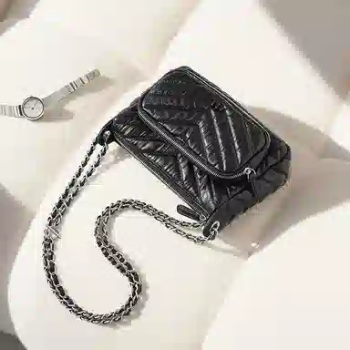 妙迪 链条包小香风高级感通勤 牛皮革 单肩斜挎腋下包 常规 女款 子夜黑