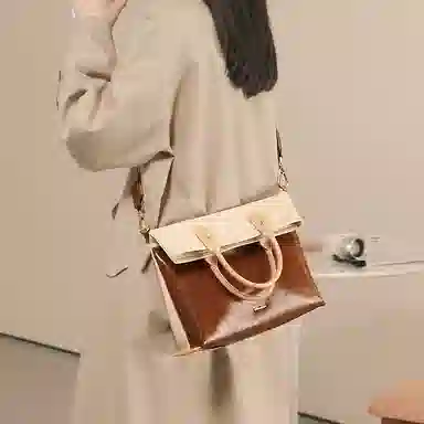 妙迪 高级感拼接撞色大容量时尚百搭简约通勤 柔软牛皮 一包三用 托特包手提单肩斜挎包 常规 女款 拿铁千层雪