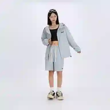 星际者 纯色字母印花连帽长袖卫衣中腰系带宽松五分休闲运动套装 男女同款