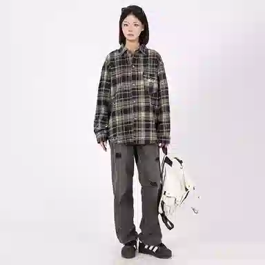 星际者 基础款美式高街简约复古毛呢格子宽松休闲透气百搭长袖小香风衬衫 男女同款