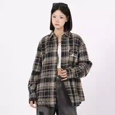 星际者 基础款美式高街简约复古毛呢格子宽松休闲透气百搭长袖小香风衬衫 男女同款