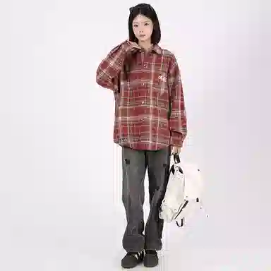 星际者 基础款美式高街简约复古毛呢格子宽松休闲透气百搭长袖小香风衬衫 男女同款