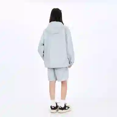星际者 纯色字母印花连帽长袖卫衣中腰系带宽松五分休闲运动套装 男女同款