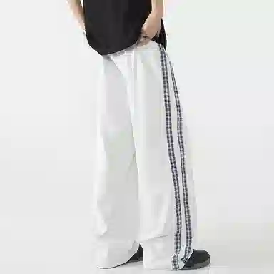 悍戈 复古潮流基础款美式宽松中腰系带格纹撞色拼接时尚格纹阔腿休闲裤 男女同款