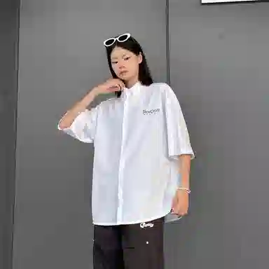 星际者 基础款简约纯色五分袖衬衫休闲宽松直筒垂感长裤衬衫套装 男女同款