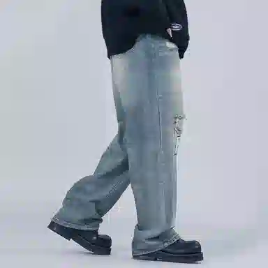 星际者 美式水洗破洞牛仔裤 男女同款 复古蓝
