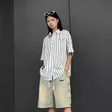 星际者 简约翻领单排扣短袖衬衣直筒宽松垂感长裤衬衫套装 男女同款