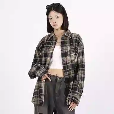 星际者 基础款美式高街简约复古毛呢格子宽松休闲透气百搭长袖小香风衬衫 男女同款