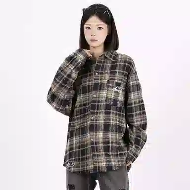 星际者 基础款美式高街简约复古毛呢格子宽松休闲透气百搭长袖小香风衬衫 男女同款