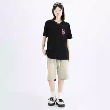 星际者 基础款简约套头字母印花短袖街头潮牌中性风中腰系带短裤休闲运动套装 男女同款