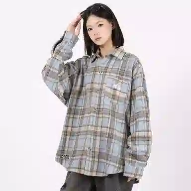 星际者 基础款美式高街简约复古毛呢格子宽松休闲透气百搭长袖小香风衬衫 男女同款
