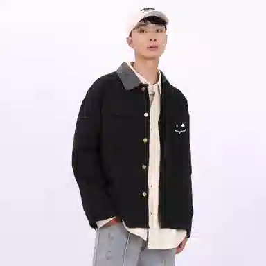 星际者 美式简约笑脸基础多口袋复古领子拼色舒适宽松百搭工装软牛仔夹克外套 男女同款