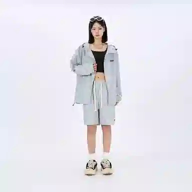 星际者 纯色字母印花连帽长袖卫衣中腰系带宽松五分休闲运动套装 男女同款