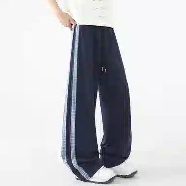 悍戈 复古潮流基础款美式宽松中腰系带格纹撞色拼接时尚格纹阔腿休闲裤 男女同款