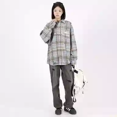 星际者 基础款美式高街简约复古毛呢格子宽松休闲透气百搭长袖小香风衬衫 男女同款