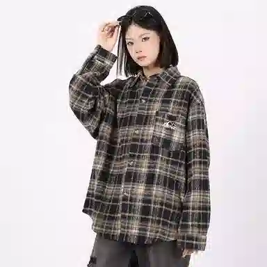星际者 基础款美式高街简约复古毛呢格子宽松休闲透气百搭长袖小香风衬衫 男女同款