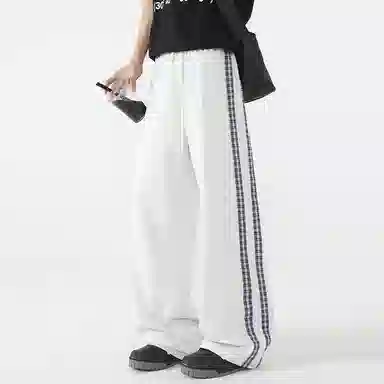 悍戈 复古潮流基础款美式宽松中腰系带格纹撞色拼接时尚格纹阔腿休闲裤 男女同款