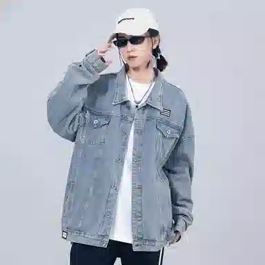 星际者 水洗翻领字母几何图案印花宽松休闲牛仔外套 男女同款 磨白蓝
