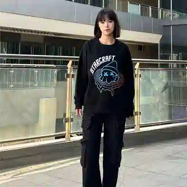 星际者 动漫涂鸦圆领长袖上衣中腰系带长裤卫衣套装 男女同款