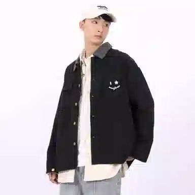 星际者 美式简约笑脸基础多口袋复古领子拼色舒适宽松百搭工装软牛仔夹克外套 男女同款