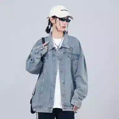 星际者 水洗翻领字母几何图案印花宽松休闲牛仔外套 男女同款 磨白蓝