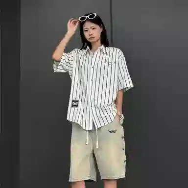 星际者 简约翻领单排扣短袖衬衣直筒宽松垂感长裤衬衫套装 男女同款