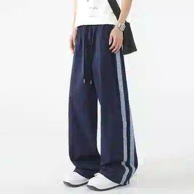 悍戈 复古潮流基础款美式宽松中腰系带格纹撞色拼接时尚格纹阔腿休闲裤 男女同款