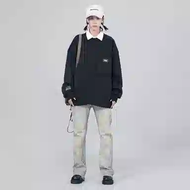 星际者 休闲宽松纯色拼接口袋圆领卫衣 男女同款