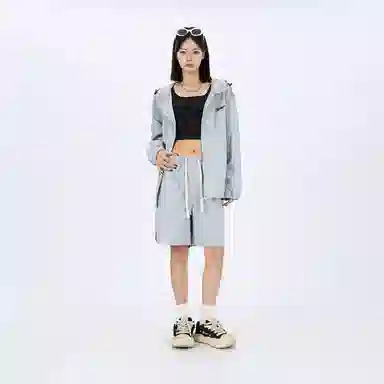 星际者 纯色字母印花连帽长袖卫衣中腰系带宽松五分休闲运动套装 男女同款