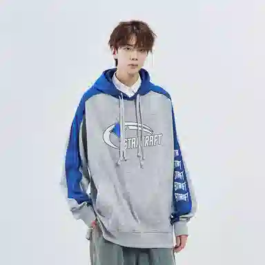 星际者 字母印花双抽绳拼接撞色休闲连帽卫衣 男女同款