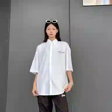 星际者 基础款简约纯色五分袖衬衫休闲宽松直筒垂感长裤衬衫套装 男女同款